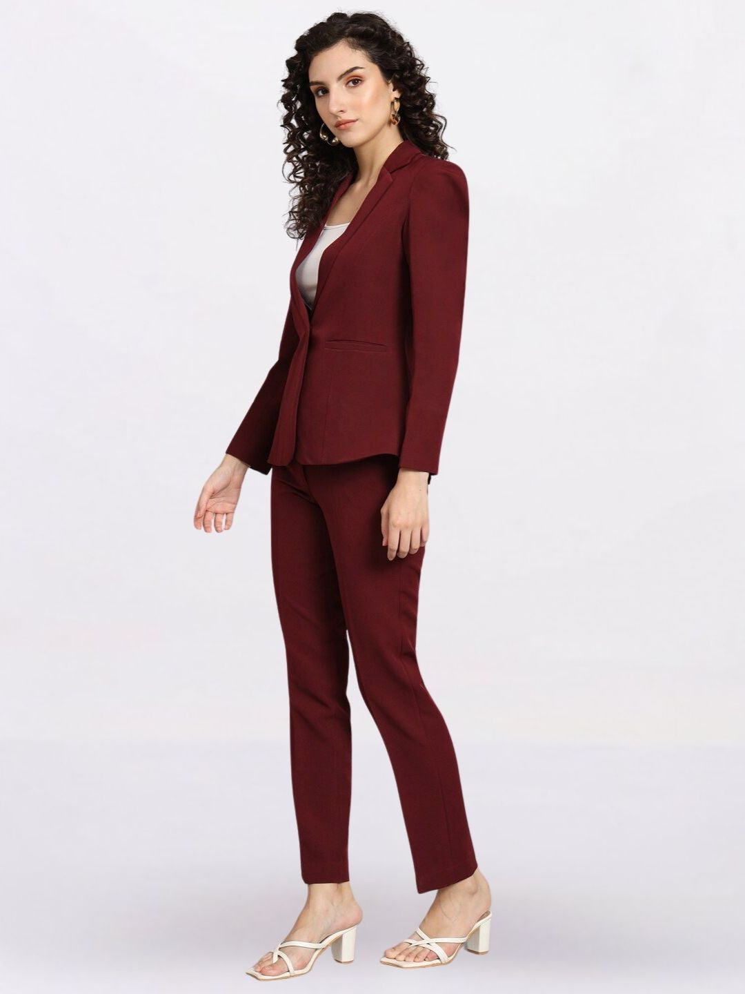 Women Maroon Single-Breasted Formal Pantsuit