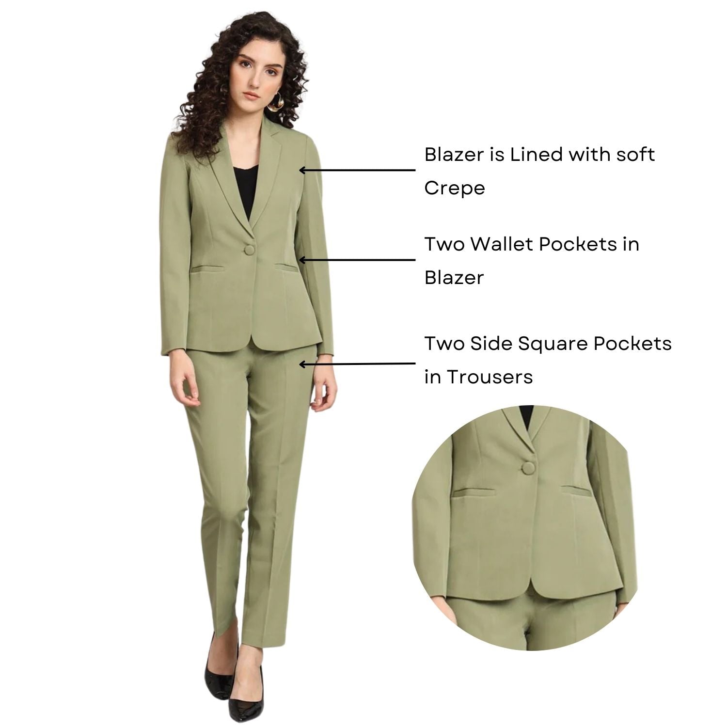 Women Olive Green Single-Breasted Formal Pantsuit