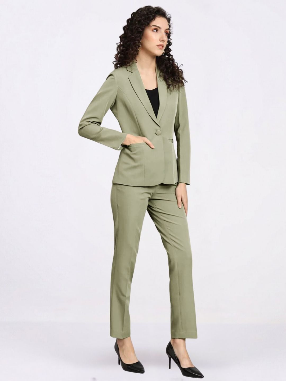 Women Olive Green Single-Breasted Formal Pantsuit