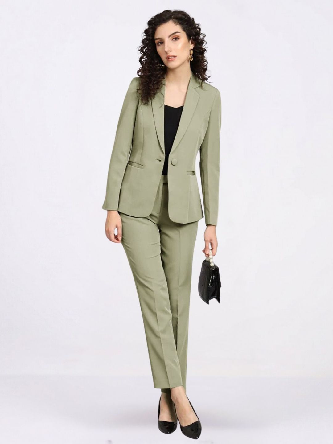 Women Olive Green Single-Breasted Formal Pantsuit