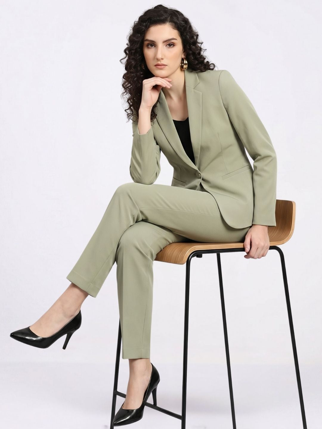 Women Olive Green Single-Breasted Formal Pantsuit