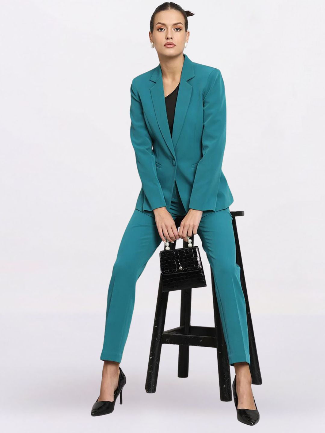 Women Teal Green Single-Breasted Formal Powersuit