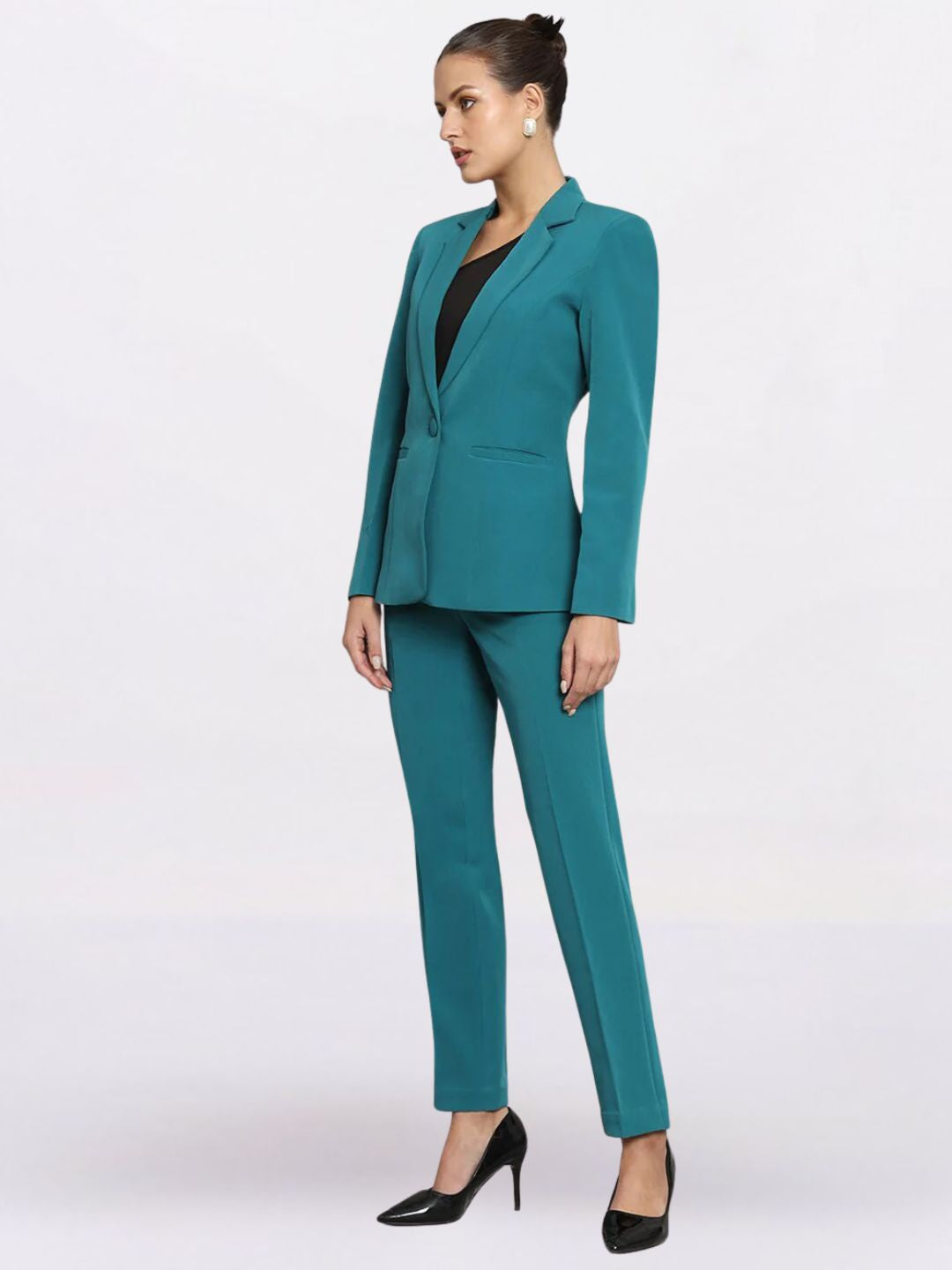 Women Teal Green Single-Breasted Formal Powersuit