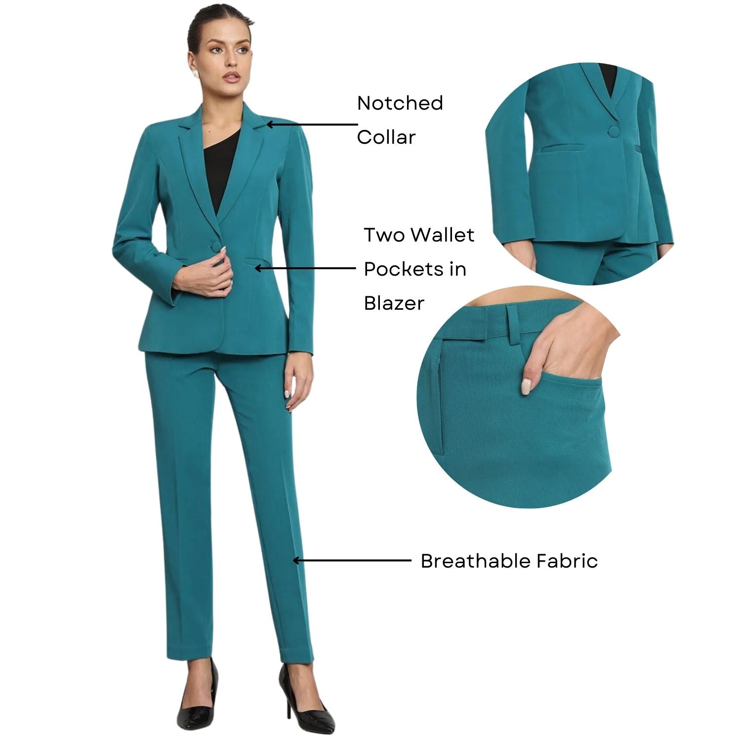 Notch Collar Stretch Pant Suit- Teal Green