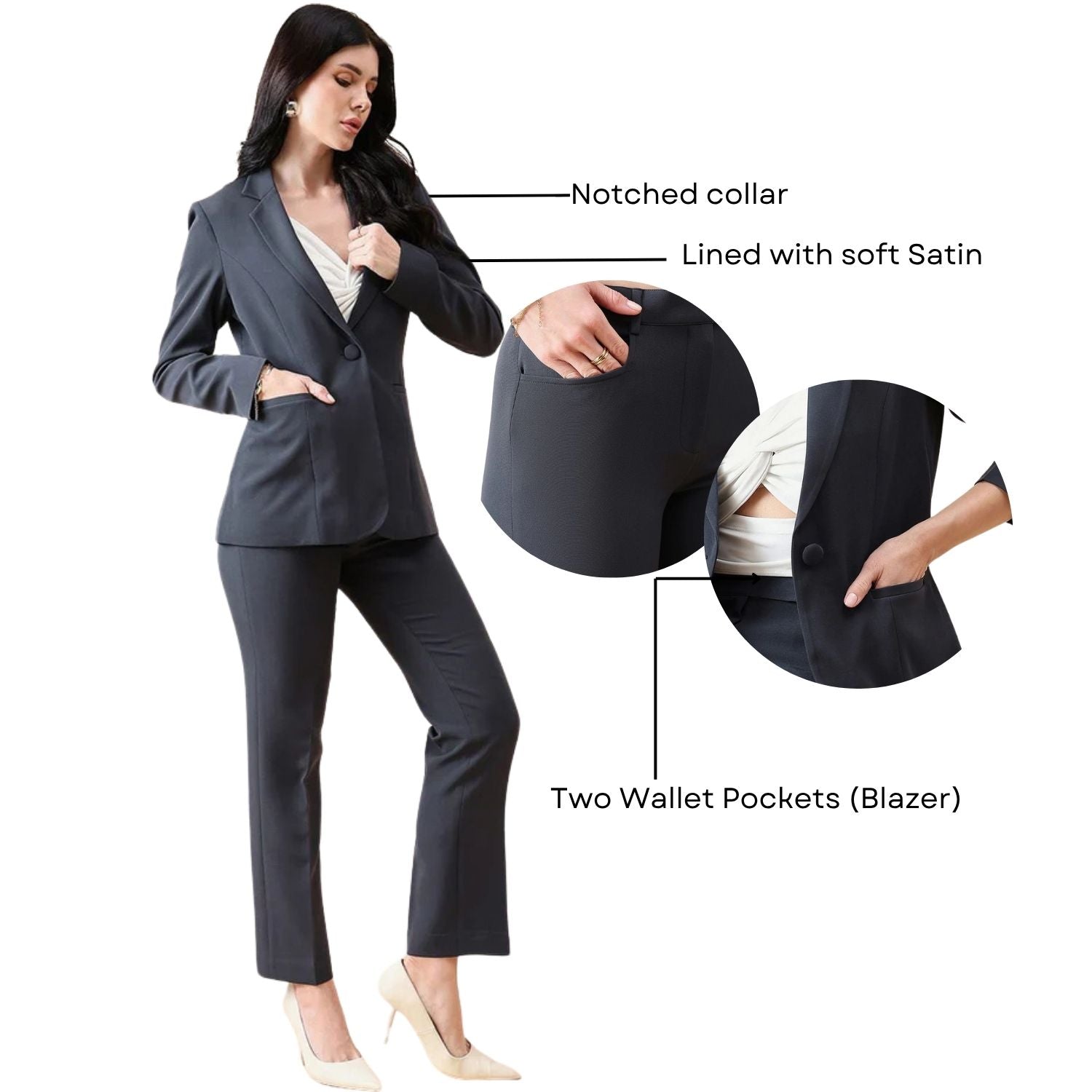 Notch Collar Stretch Pant Suit-  Charcoal Grey