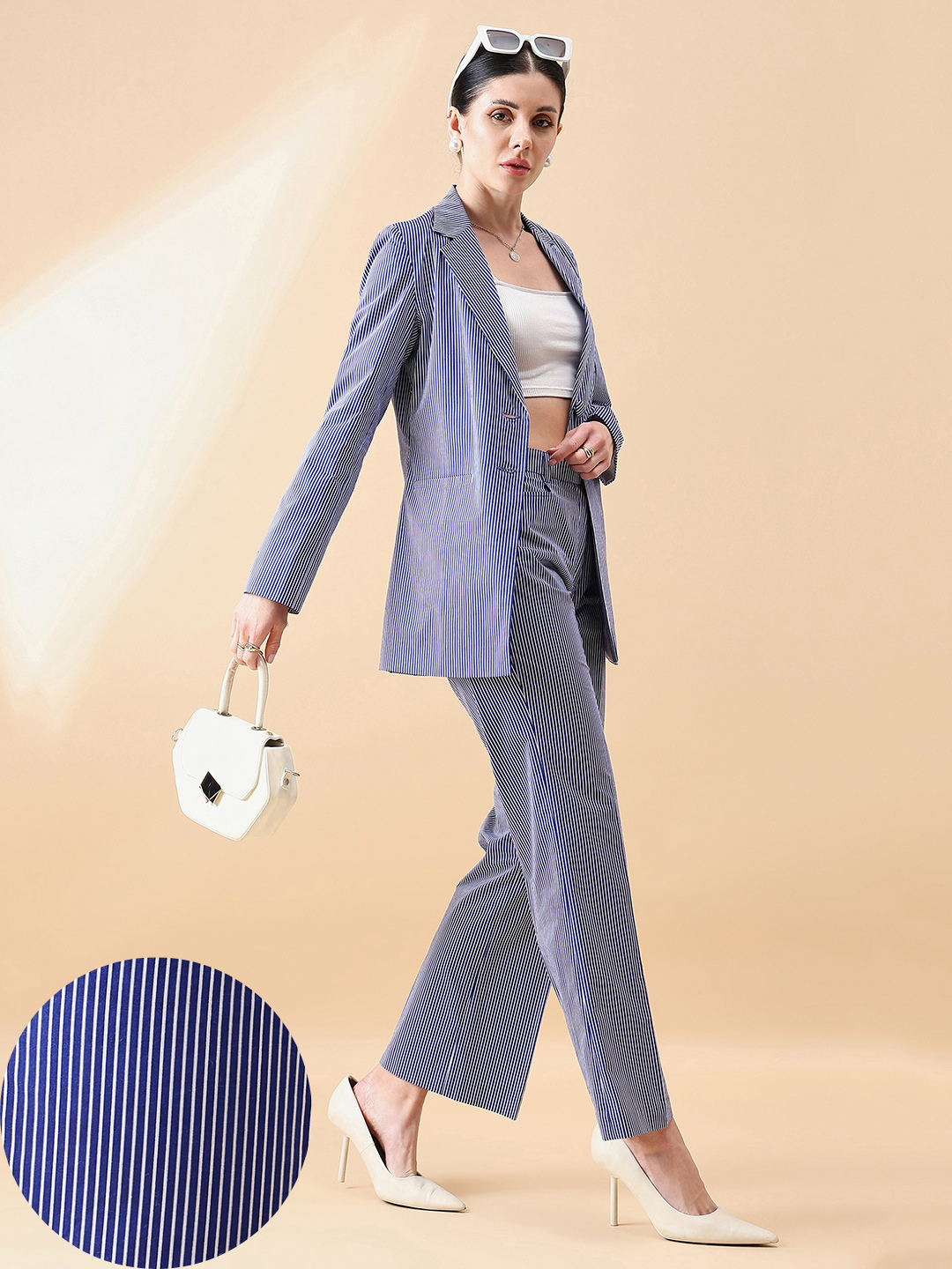 Cotton Stripe Pant Suit - Blue and White