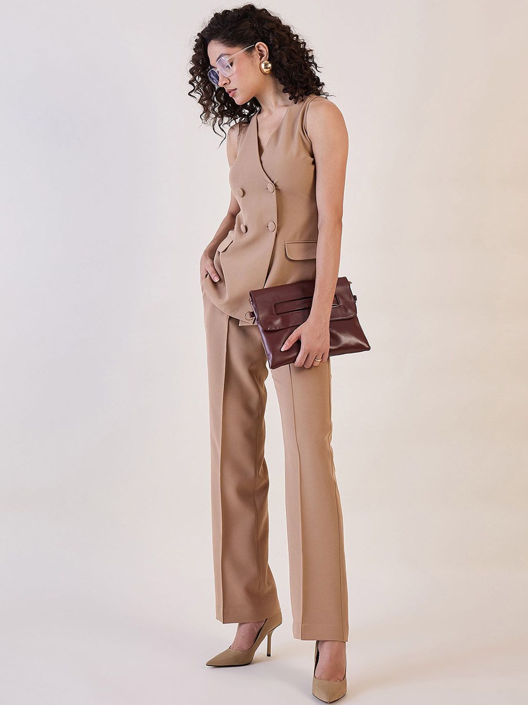 Women V-Neck Sleeveless Top With Trousers Co-ord set