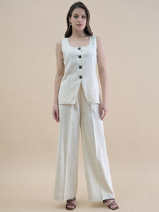 Light Beige U-Neck Linen Blend Tailored Waistcoat With Straight Fit Co-Ords