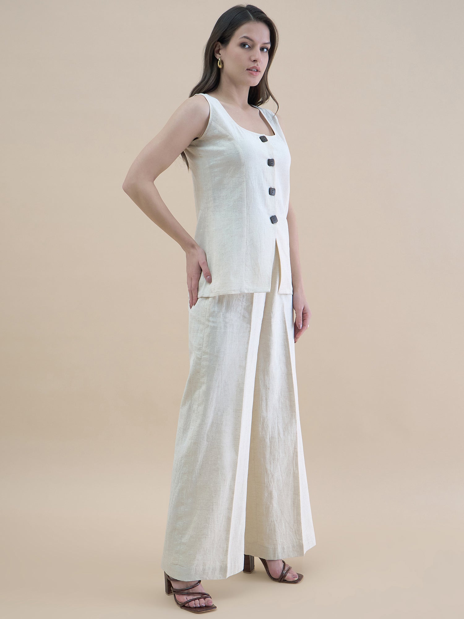 Light Beige U-Neck Linen Blend Tailored Waistcoat With Straight Fit Co-Ords