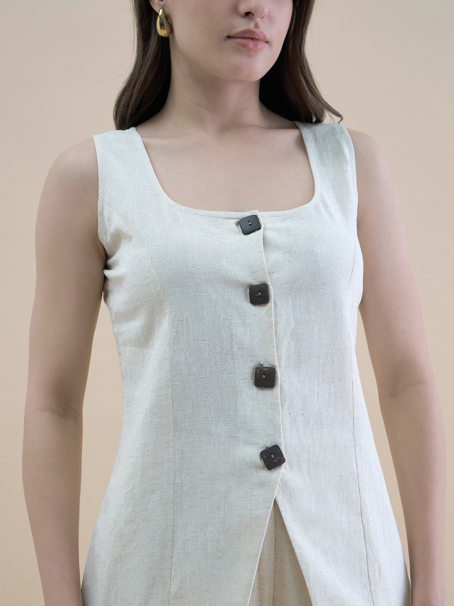 Light Beige U-Neck Linen Blend Tailored Waistcoat With Straight Fit Co-Ords