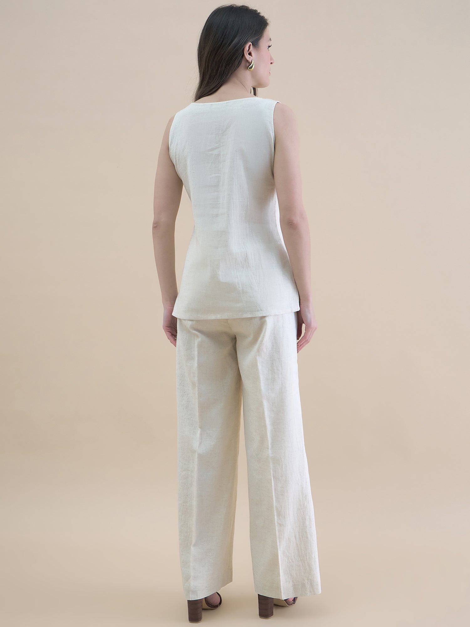 Light Beige U-Neck Linen Blend Tailored Waistcoat With Straight Fit Co-Ords
