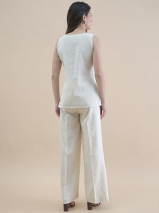 Light Beige U-Neck Linen Blend Tailored Waistcoat With Straight Fit Co-Ords
