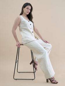 Light Beige U-Neck Linen Blend Tailored Waistcoat With Straight Fit Co-Ords