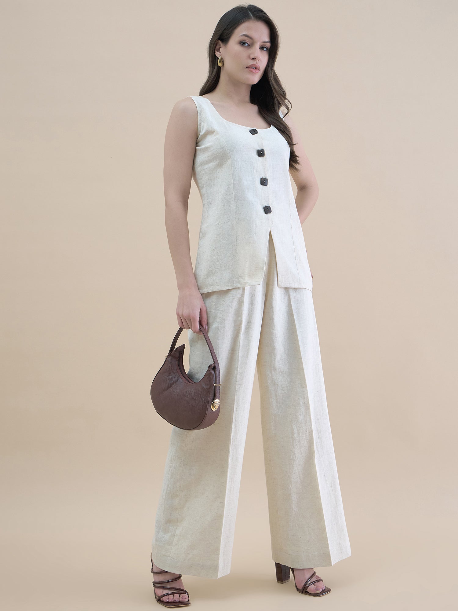 Light Beige U-Neck Linen Blend Tailored Waistcoat With Straight Fit Co-Ords