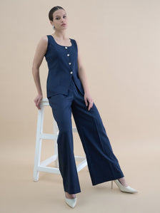 Women Navy Blue U-Neck Tailored Waistcoat With Straight Fit Co-Ords