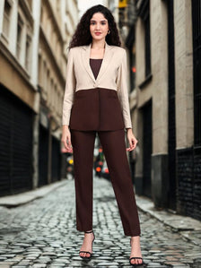 Beige And Brown Coloblock Suit Set