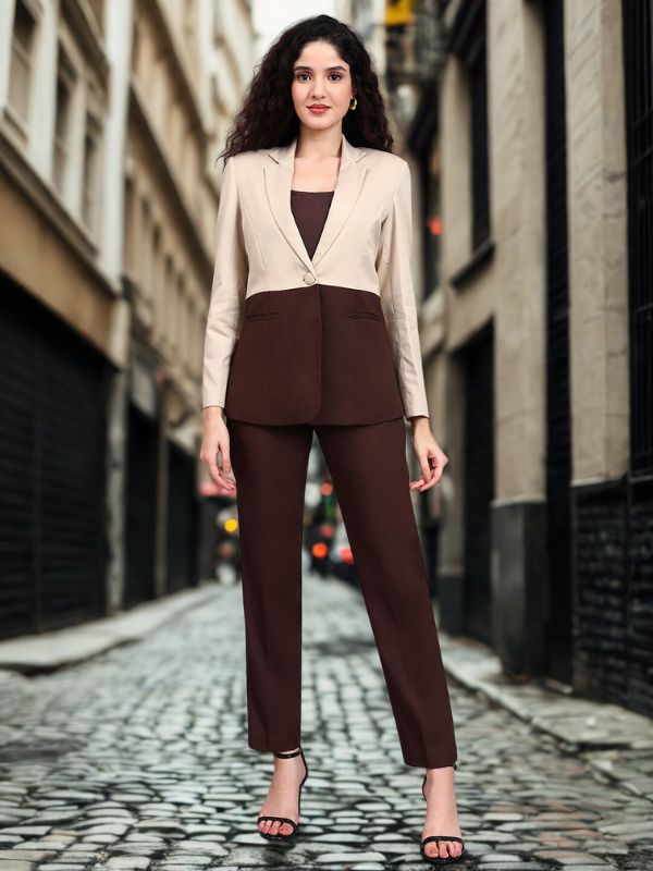 Beige And Brown Coloblock Suit Set