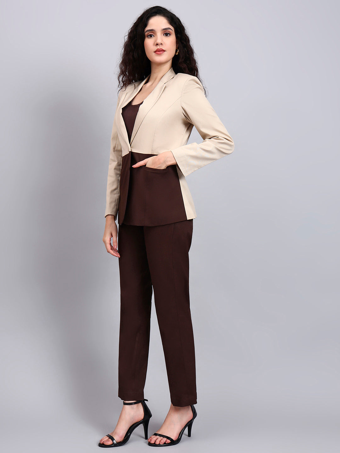 Beige And Brown Coloblock Suit Set