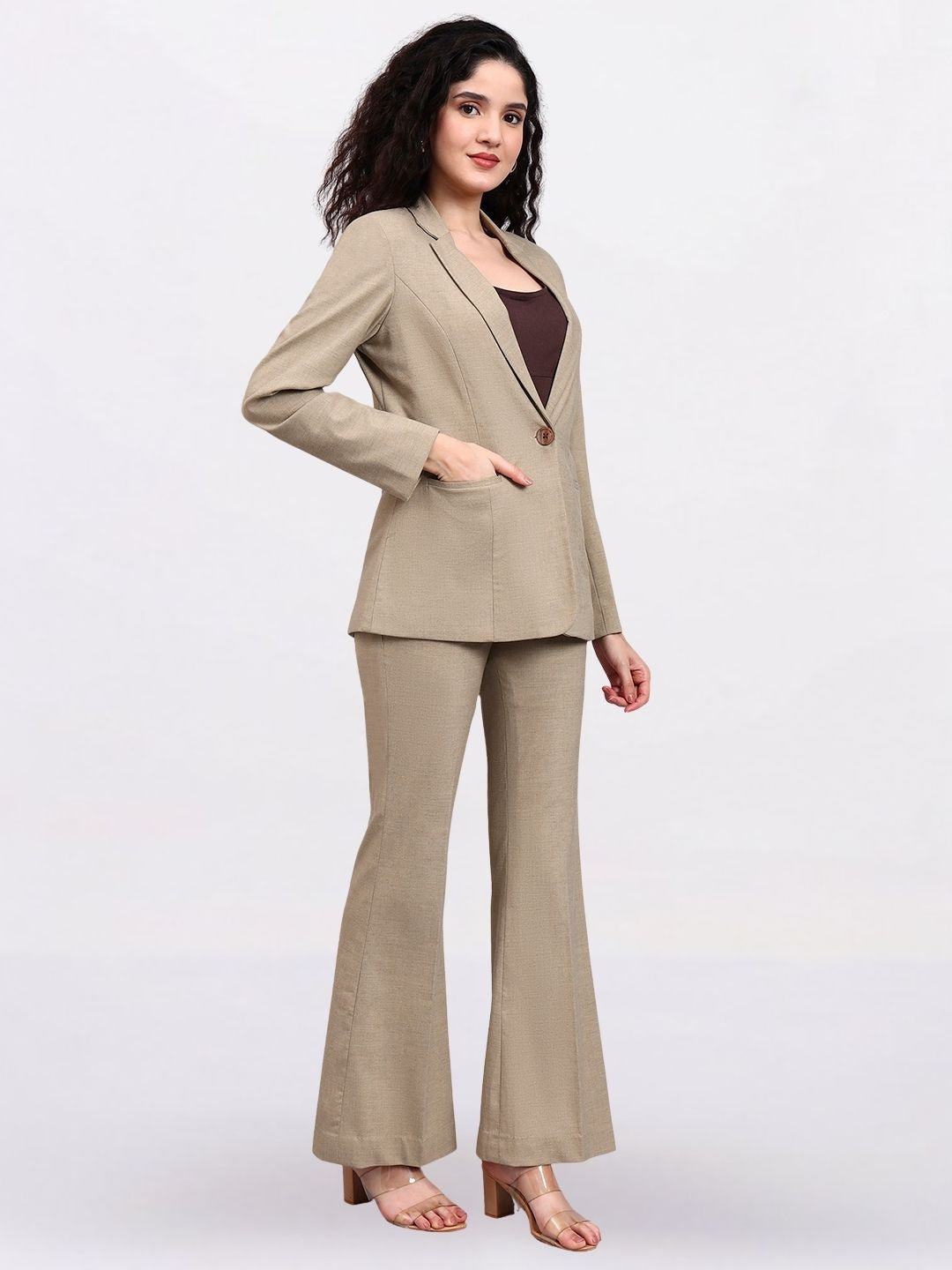 Women Beige Tailored Single Breasted Stretch Formal Pantsuit
