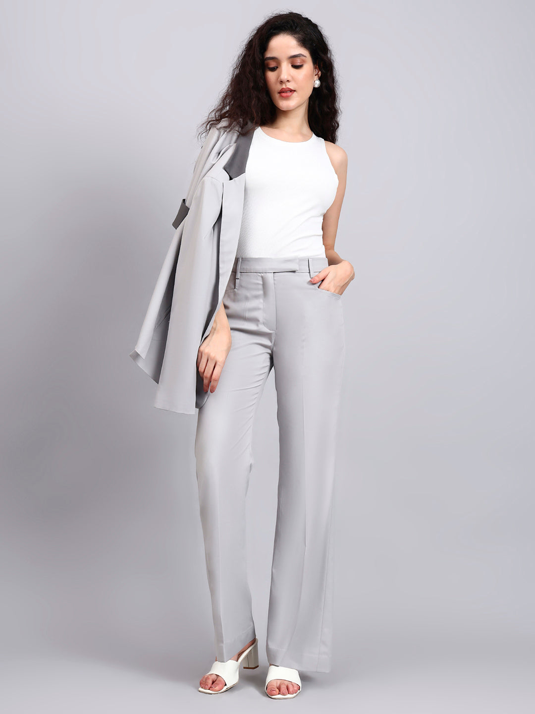 Women Light Grey Stretch Formal Power Suit