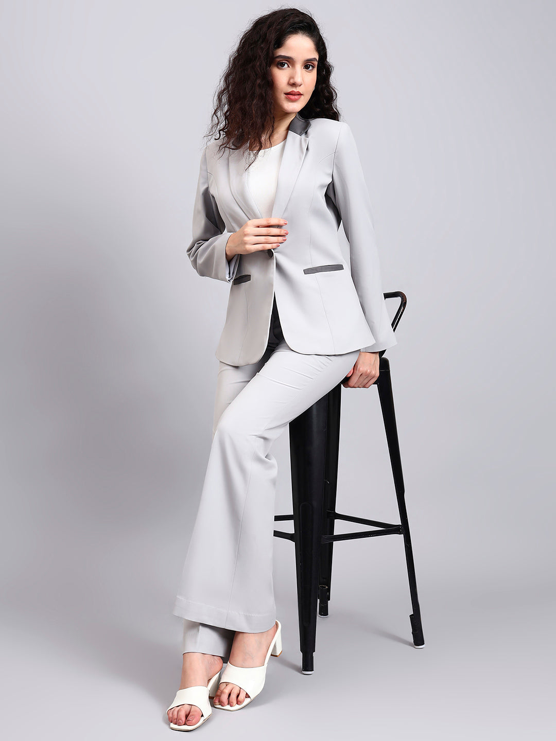 Women Light Grey Stretch Formal Power Suit