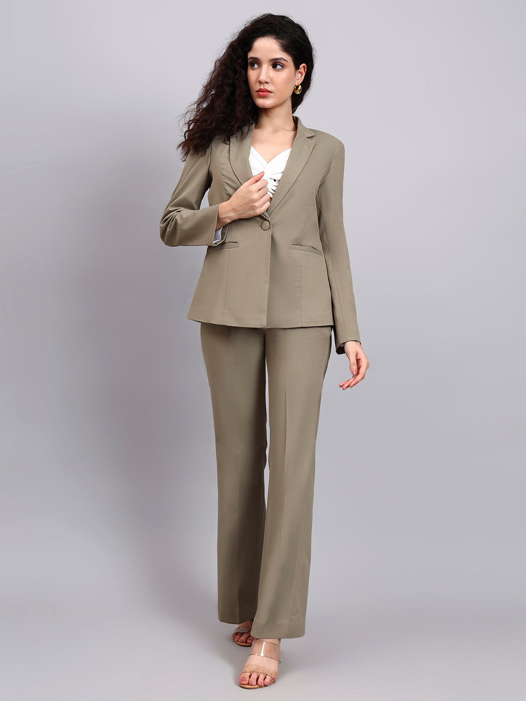 Stretch-Fit Pastel Fern Green Power Suit with Sharp Notch Collar
