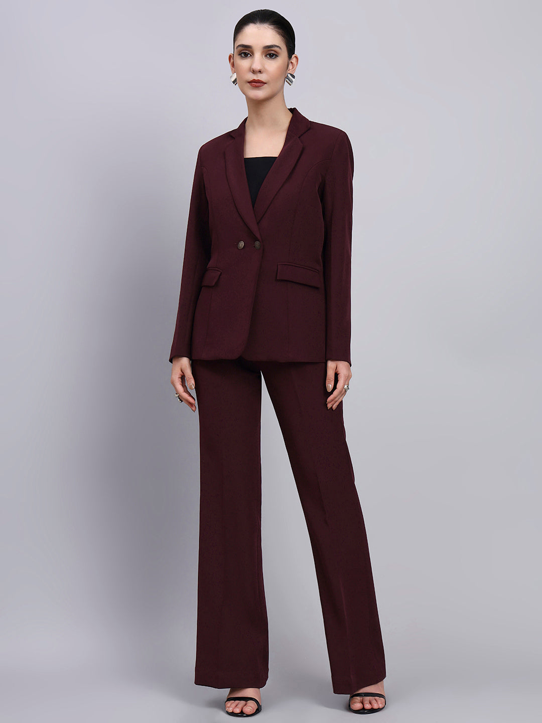 Tailored burgundy Blazer-Set Featuring Oxidized Buttons and Flared Pants