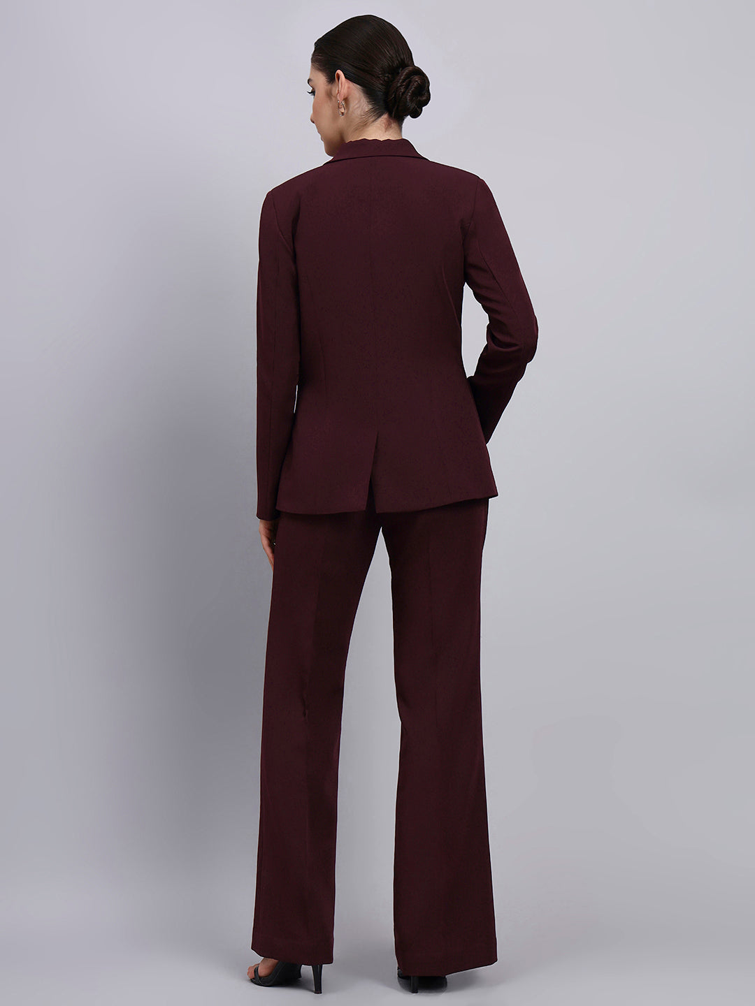 Tailored burgundy Blazer-Set Featuring Oxidized Buttons and Flared Pants