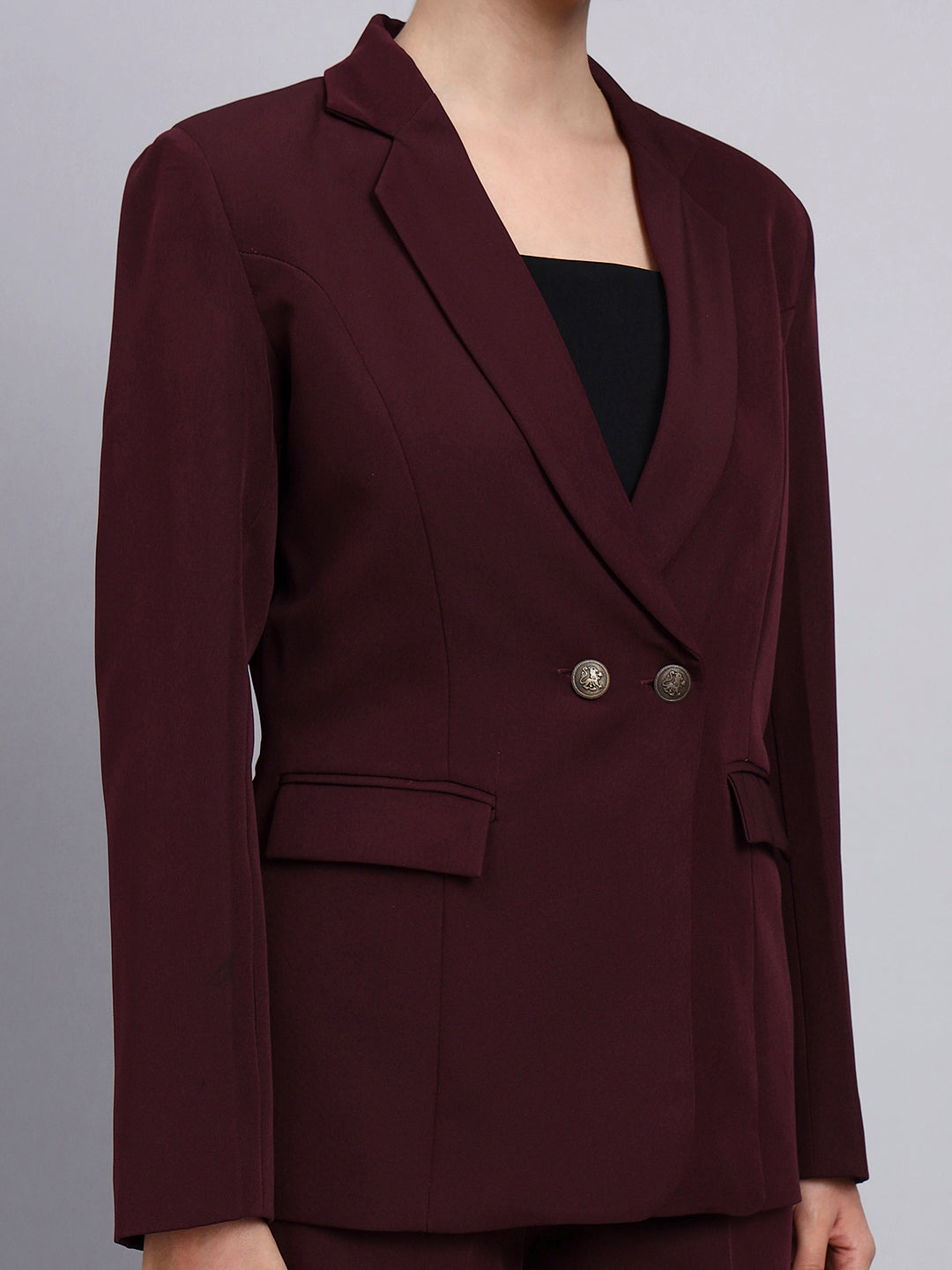Tailored burgundy Blazer-Set Featuring Oxidized Buttons and Flared Pants