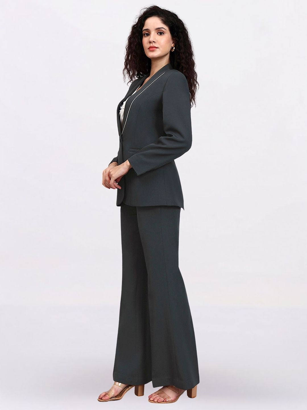 Women Dark Grey Shawl Collar Tailored Formal Pantsuit