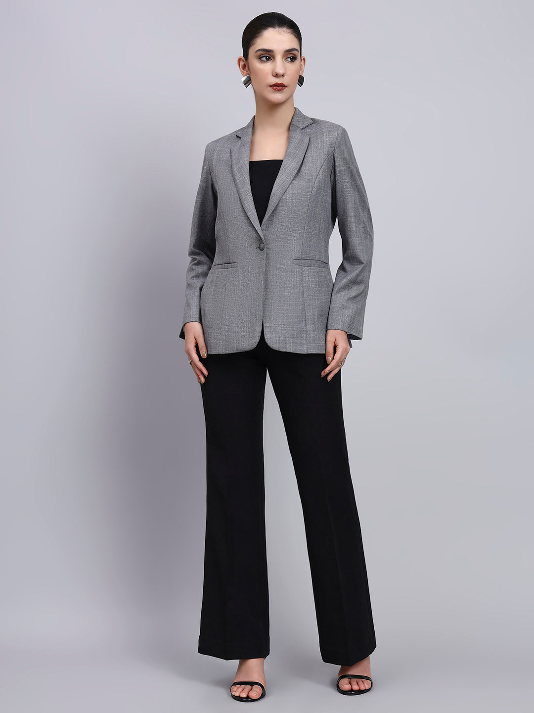 Tailored Grey Blazer-Set with Contrast Flared Pants