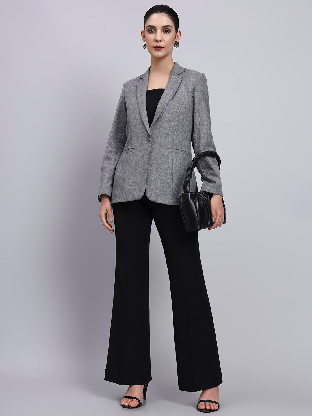 Tailored Grey Blazer-Set with Contrast Flared Pants