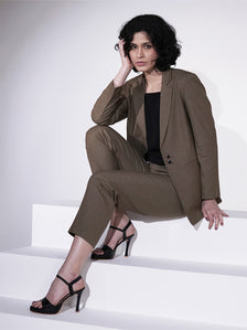 Women Classic Beige Single Breasted Notch Collar Formal Pantsuit