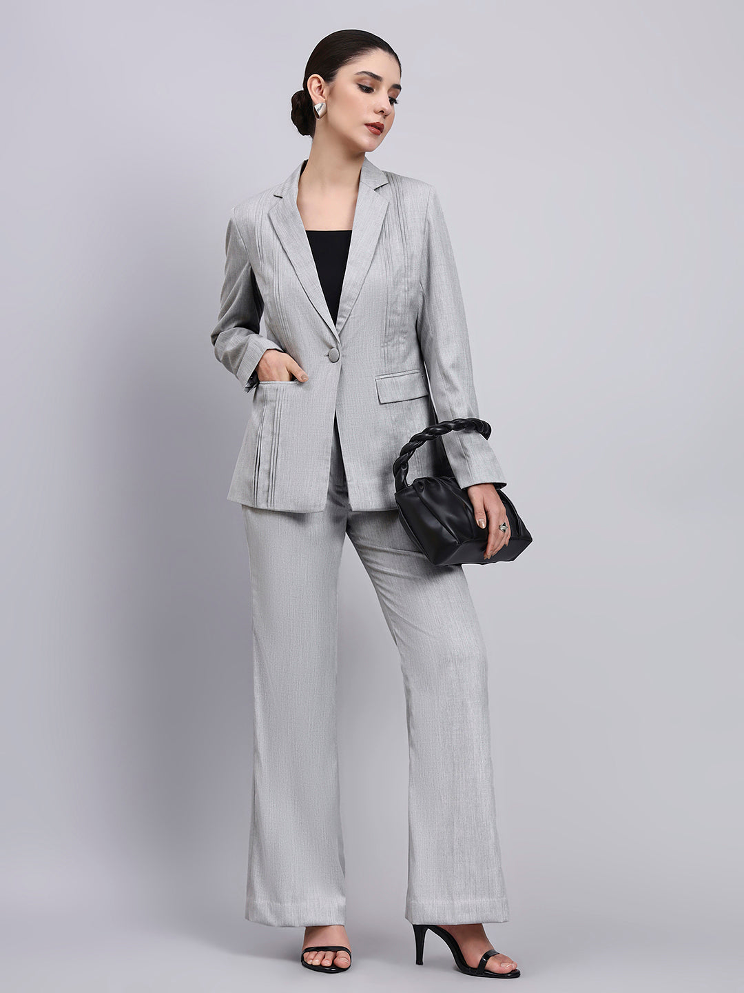 Women Grey Linear Detailed Single Breasted Formal Pantsuit
