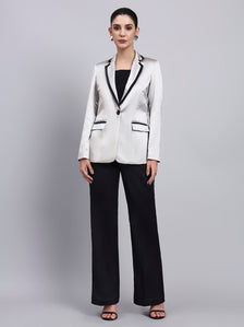 Silver Satin Blazer-set with Black Trim Detailing