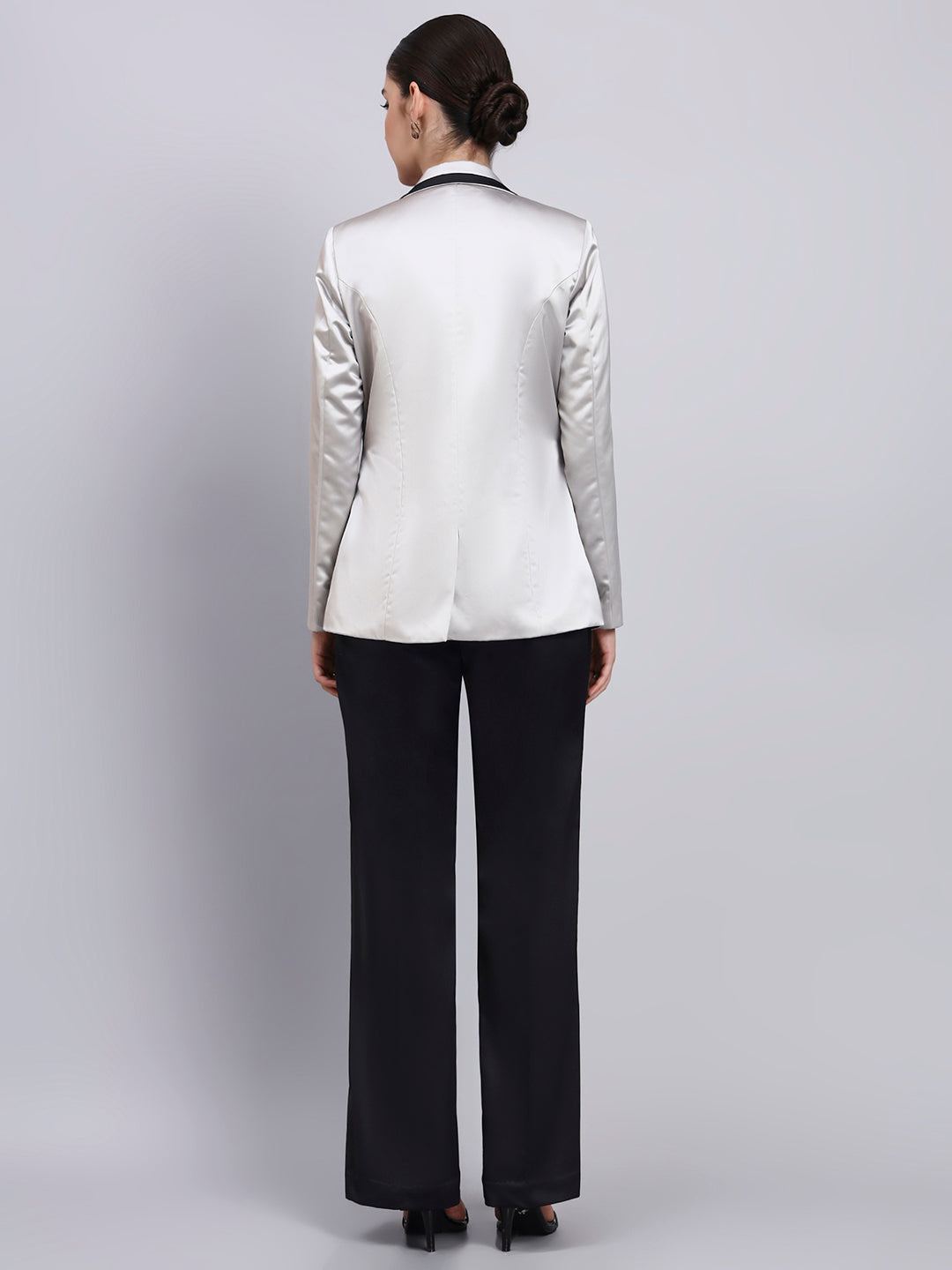 Silver Satin Blazer-set with Black Trim Detailing