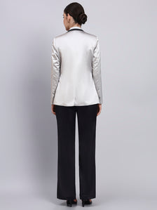 Silver Satin Blazer-set with Black Trim Detailing