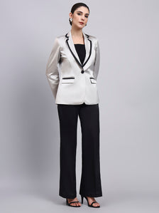 Silver Satin Blazer-set with Black Trim Detailing
