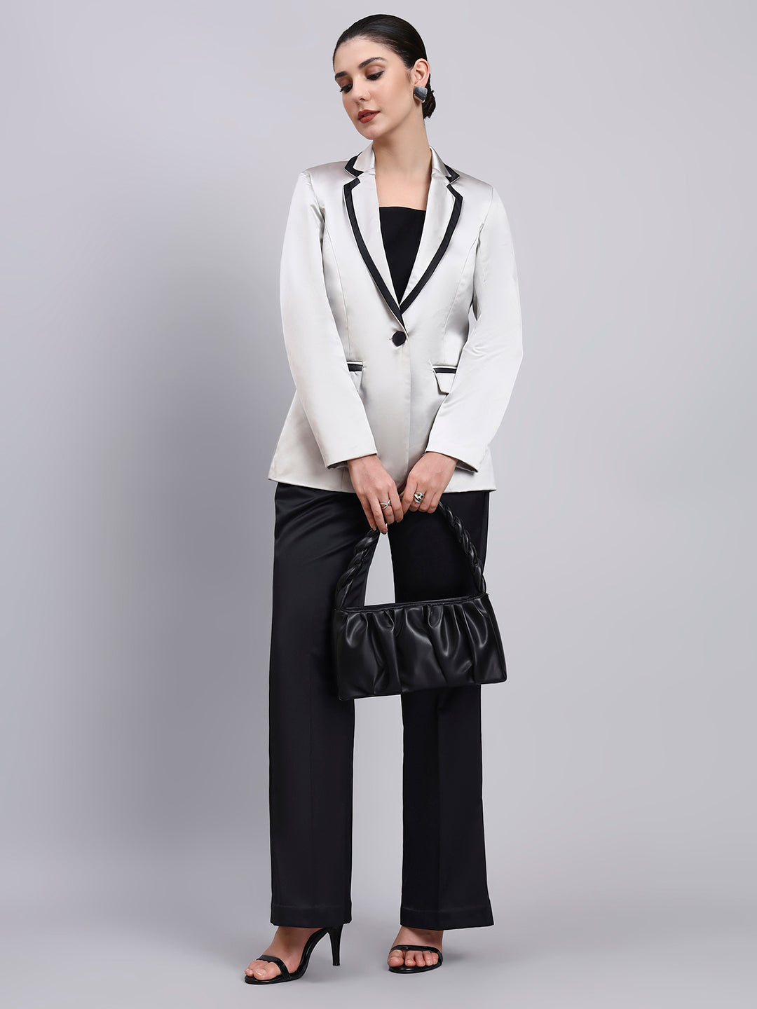 Silver Satin Blazer-set with Black Trim Detailing