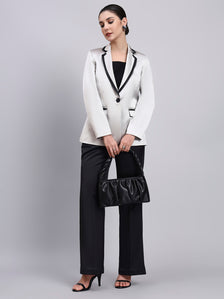 Silver Satin Blazer-set with Black Trim Detailing