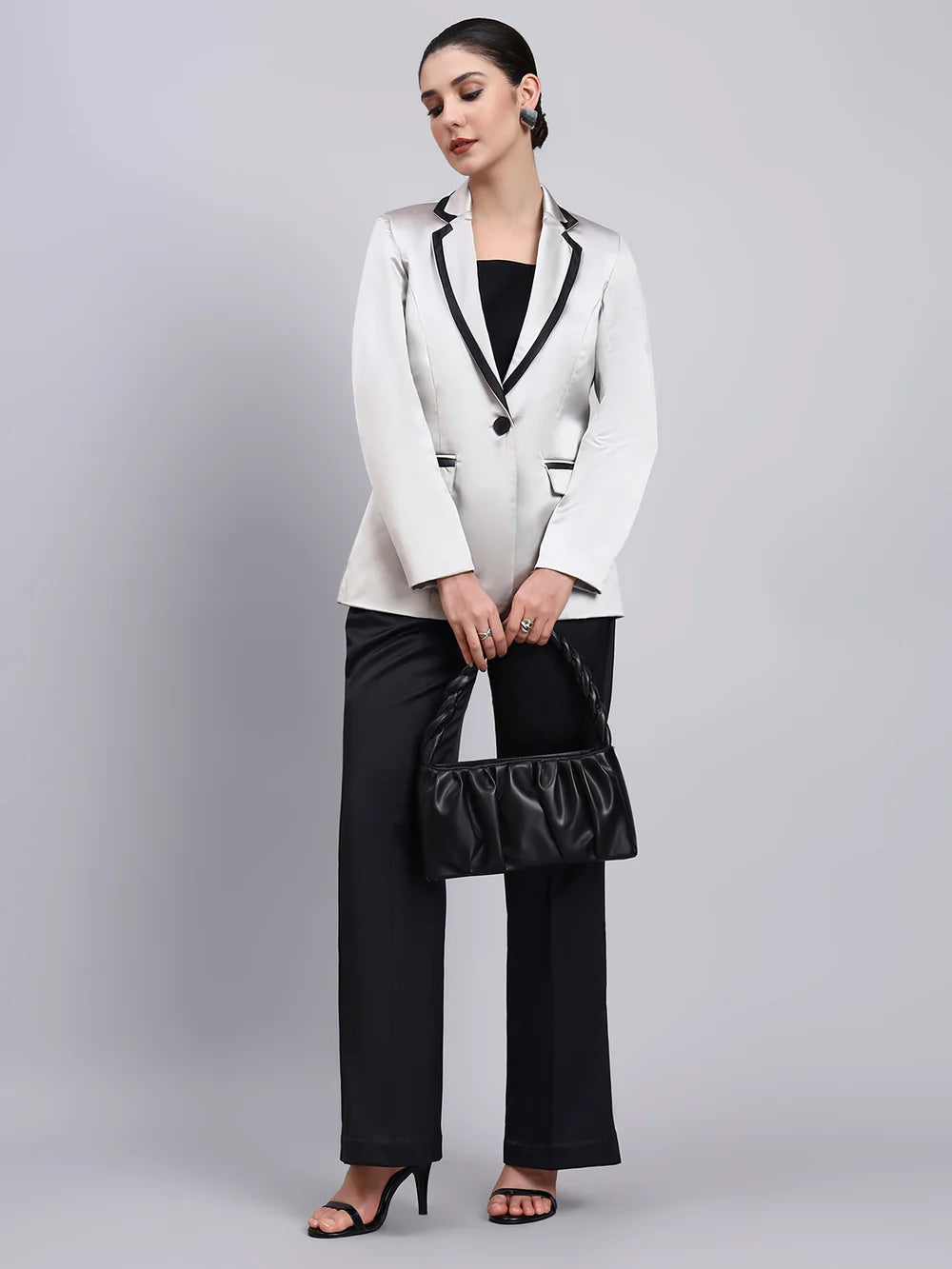 Women Silver Satin Single Breasted Formal Pantsuit
