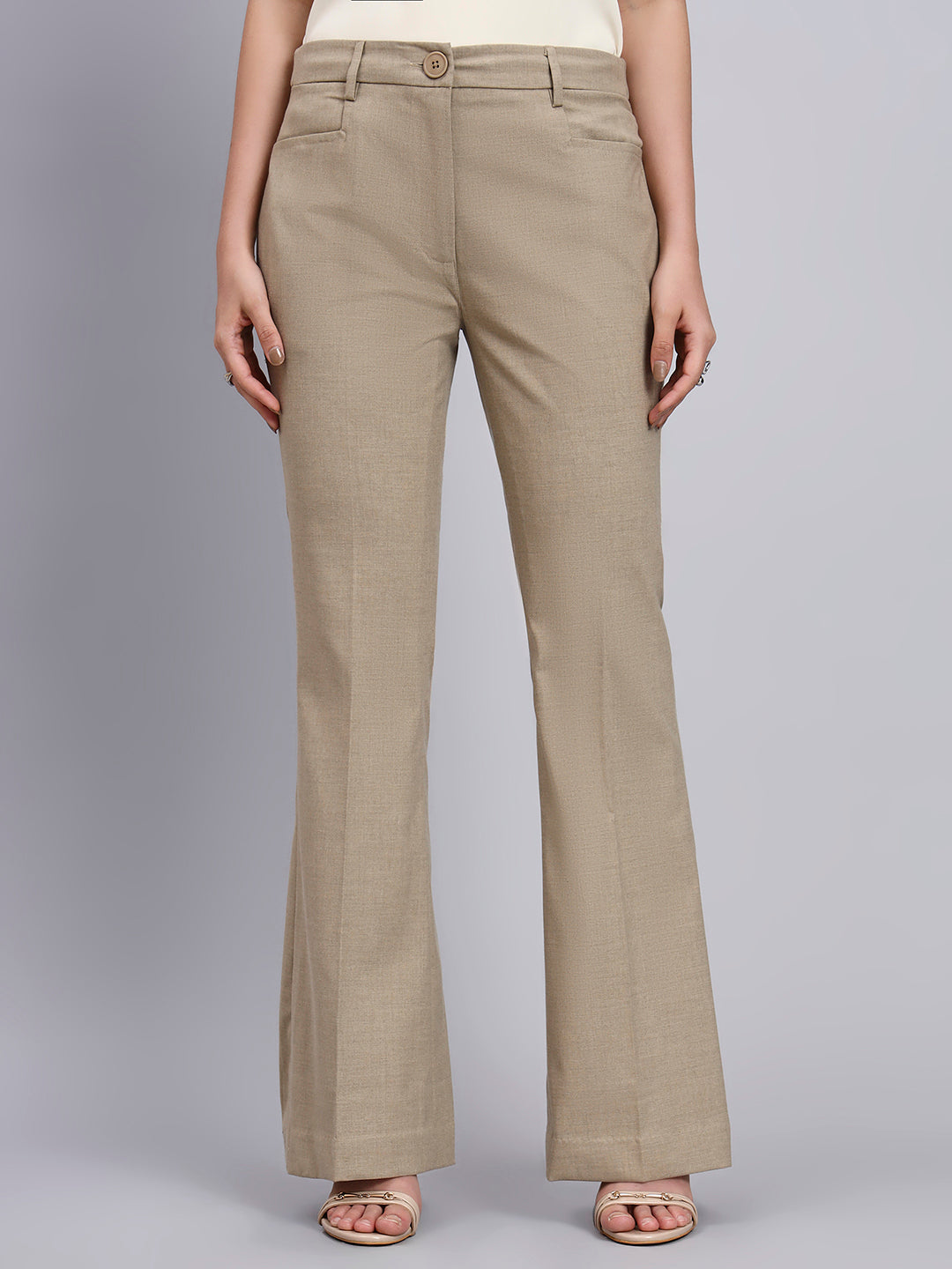 Beige Stretch Power Suit with refined linear detailing