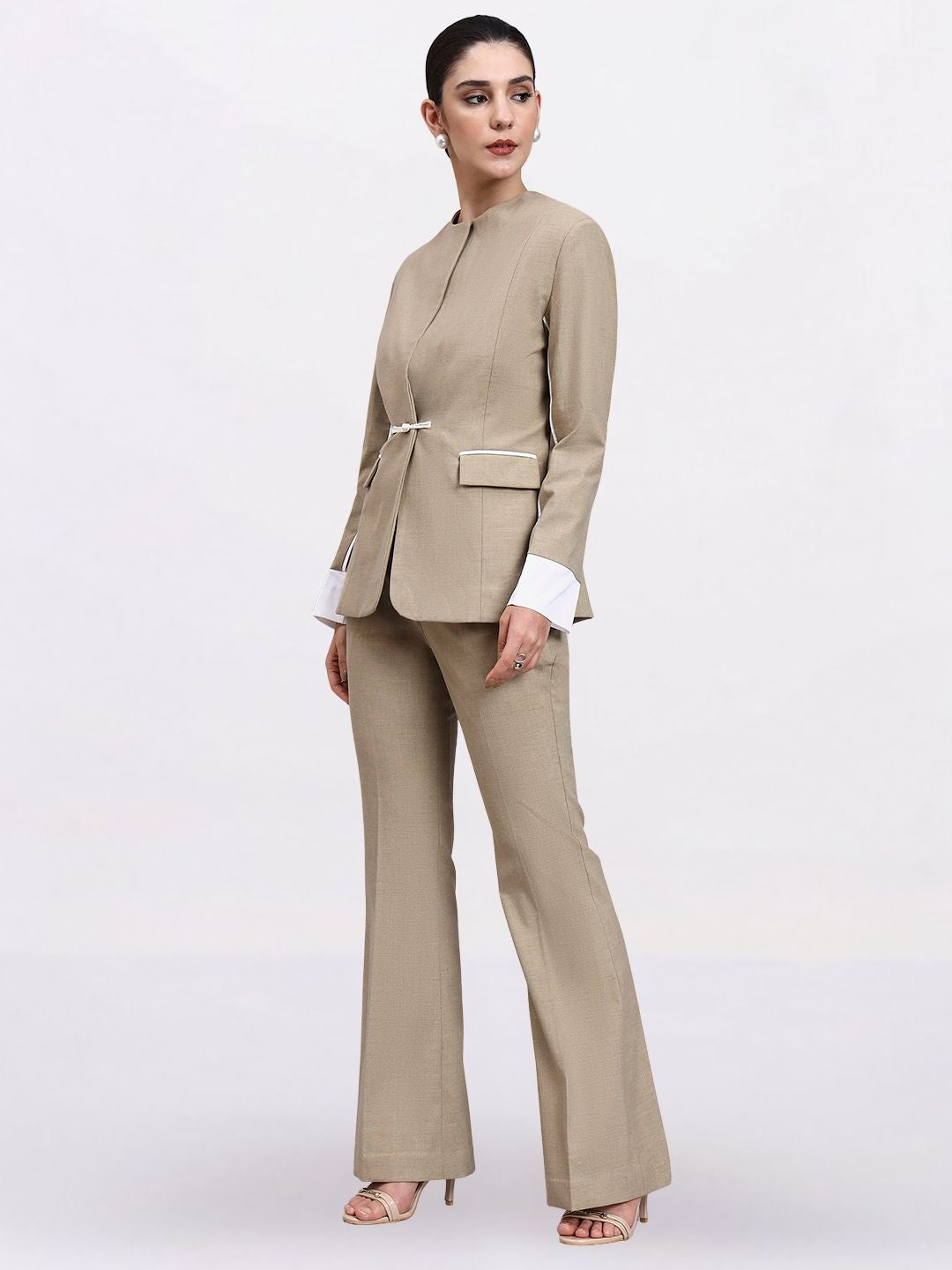 Women Beige  Single Breasted Stretch Formal Pantsuit
