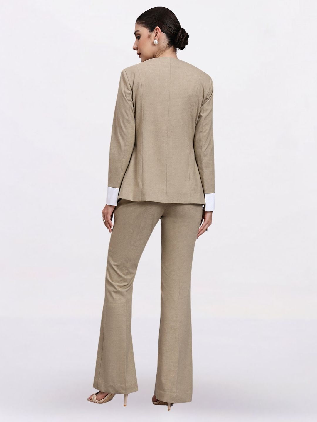 Women Beige  Single Breasted Stretch Formal Pantsuit