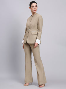 Beige Stretch Power Suit with refined linear detailing