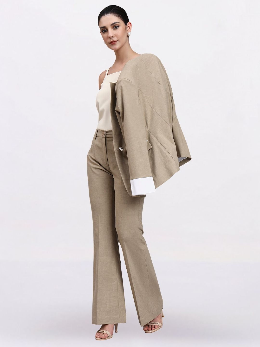 Tailored Dual-Tone Stretch Power Suit featuring refined linear detailing with Flared Pants