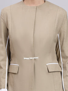 Beige Stretch Power Suit with refined linear detailing