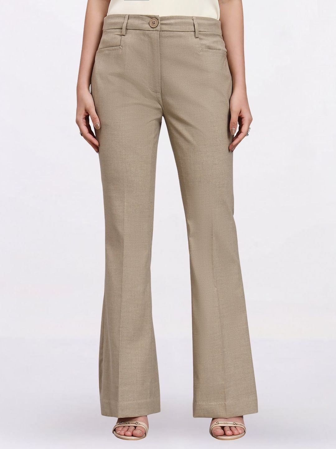 Stretch Beige High-Rise Bell Bottom Trousers