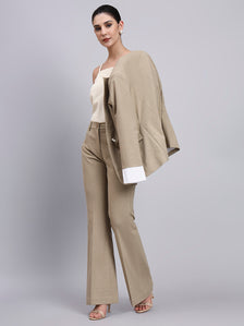 Beige Stretch Power Suit with refined linear detailing