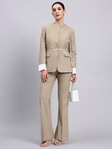 Beige Stretch Power Suit with refined linear detailing